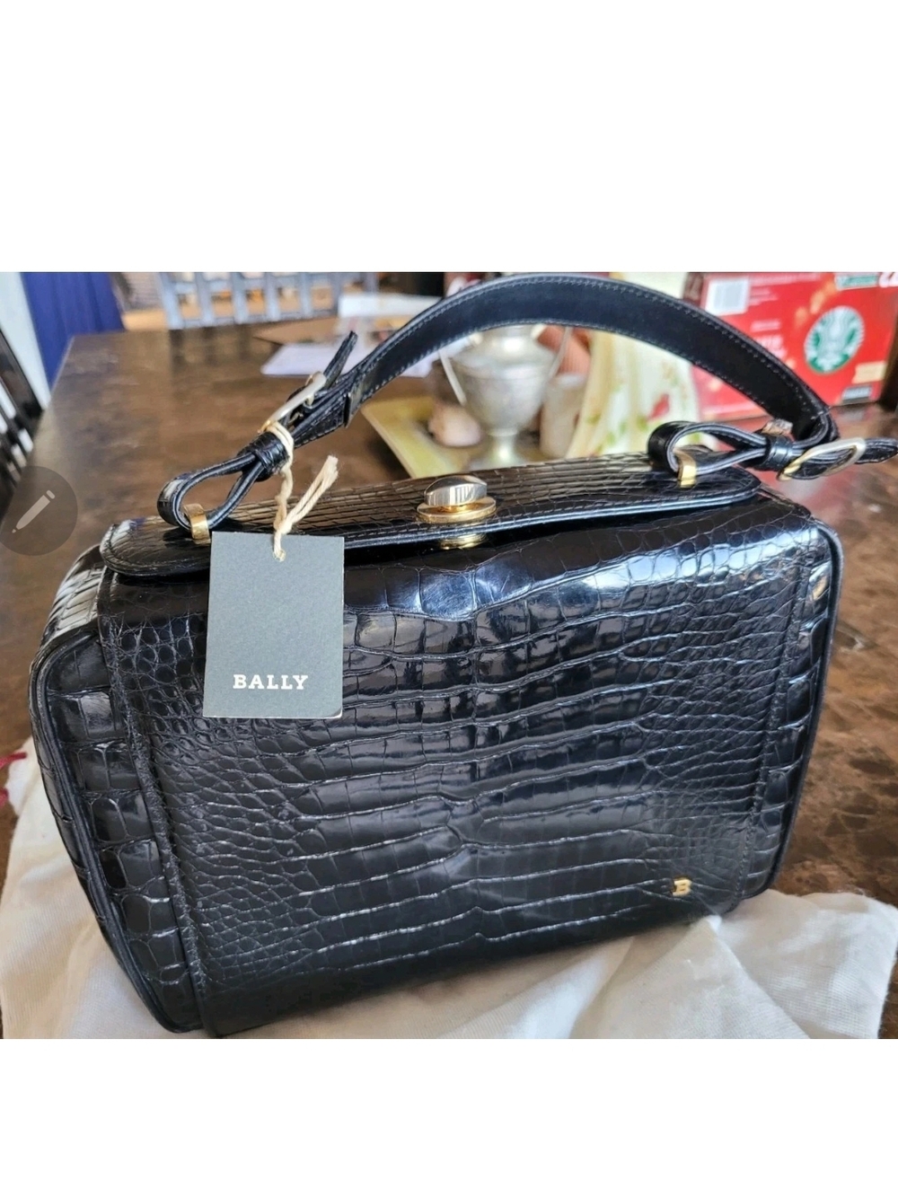 Bally Black Rare Real Crocodile Top Handle Satchel with Gold Hardware